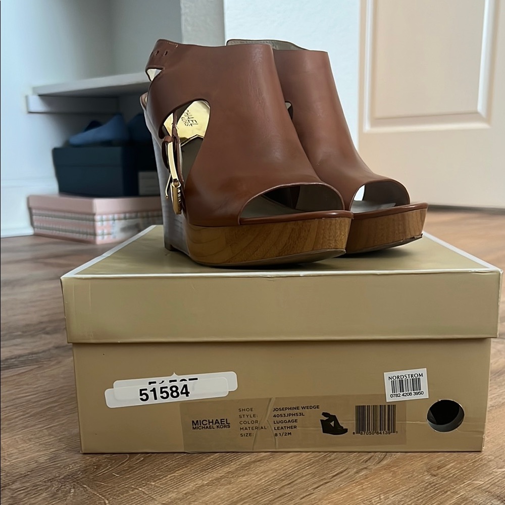 Michael Kors Brown Wedge Shoes with Peep-Toe Design